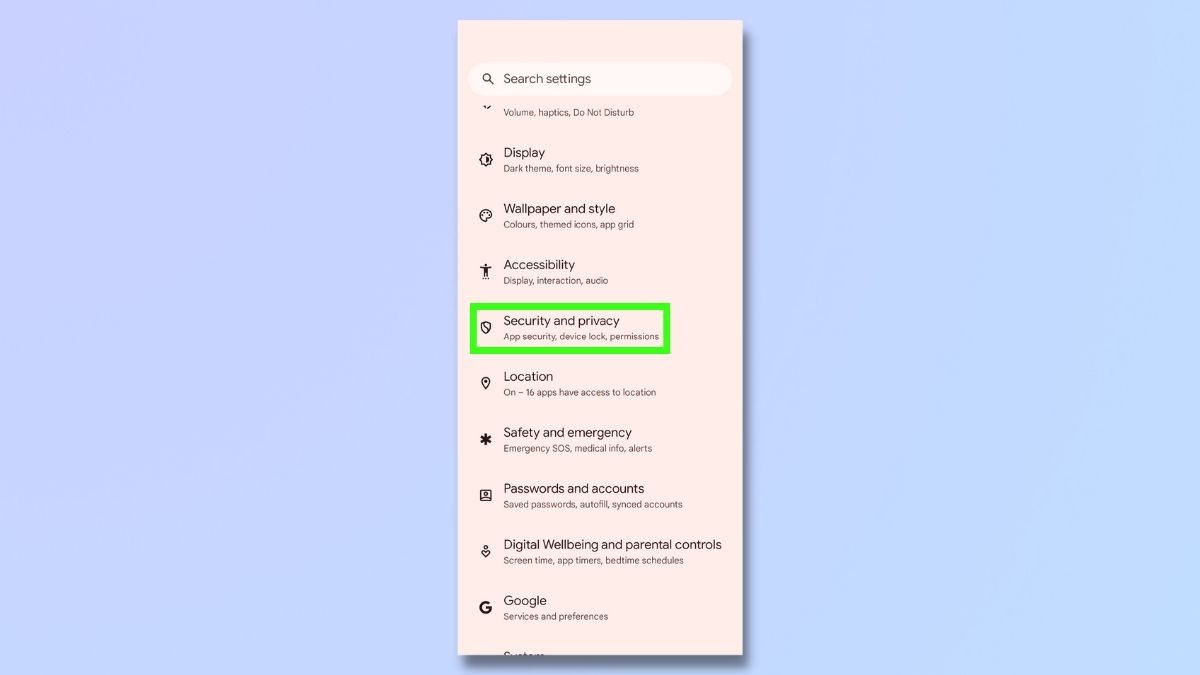 Снимок экрана, показывающий, как отключить «Показывать мультимедиа на экране блокировки»: перейдите в «Настройки», «Безопасность и конфиденциальность».