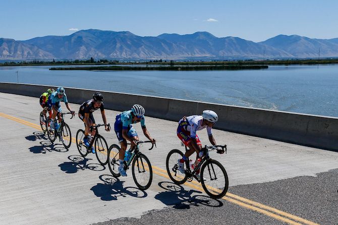 The breakaway crosses a bridge along the route during stage 1 of the 2019 Tour of Utah