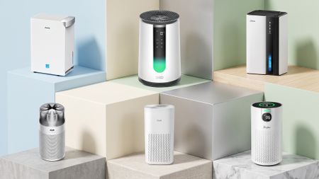 A selection of air purifiers and dehumidifiers.