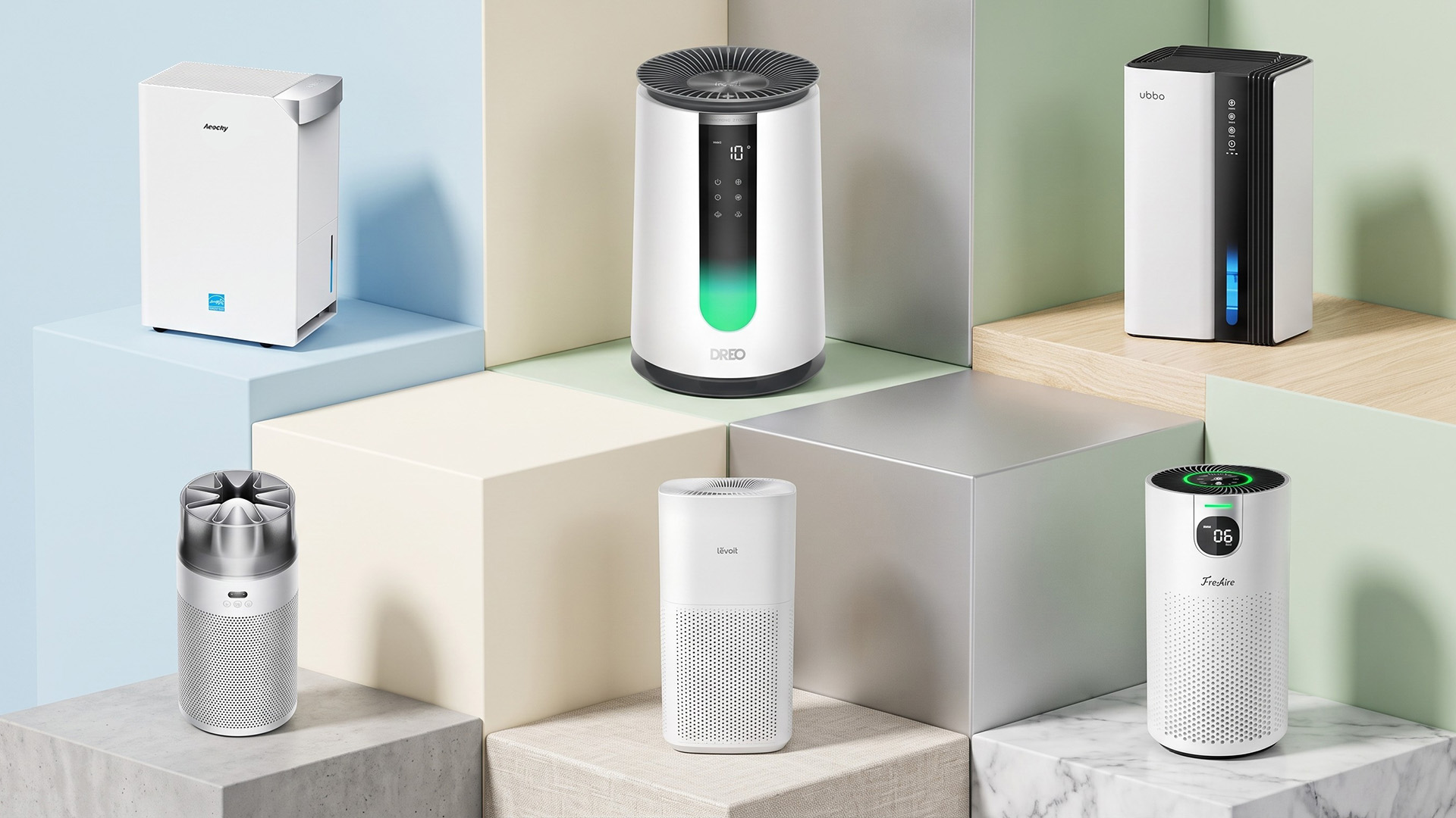 A selection of air purifiers and dehumidifiers.