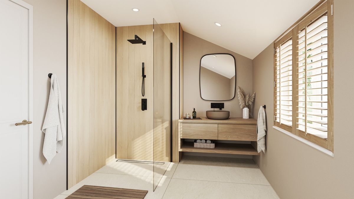 loft conversion bathroom with walk in shower, wall panels in pale english oak effect, window with shutters and cream floor tiles