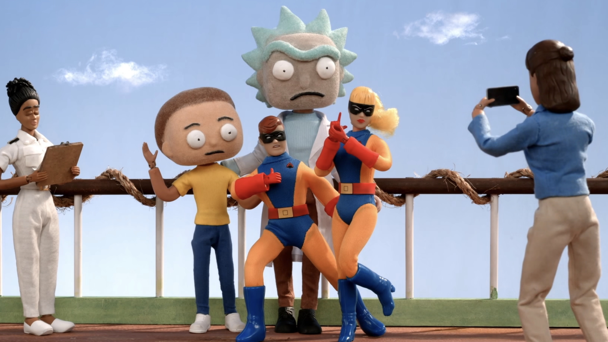 Jan and Jace posing in front of Rick and Morty in Robot Chicken's Adult Swim Special