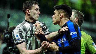 Dusan Vlahovic of Juventus scuffle with Joaquin Correa of FC Internazionale