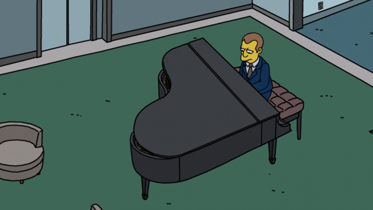 Man playing piano in The Simpsons "Seperance" Severance spoof