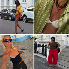 Lindsey Holland wears sport-mode sunglasses, Liv Madeline wears heeled flip-flops, Bettina Looney wears beaded necklaces, Karina wears red trousers.