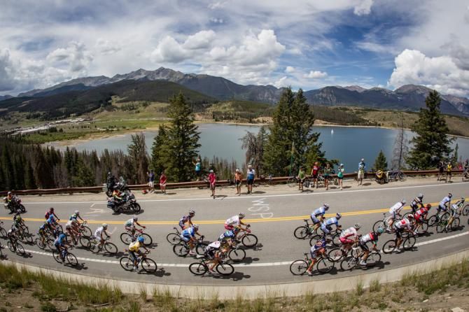 Riders head up the first KOM past Dillon Reservoir.