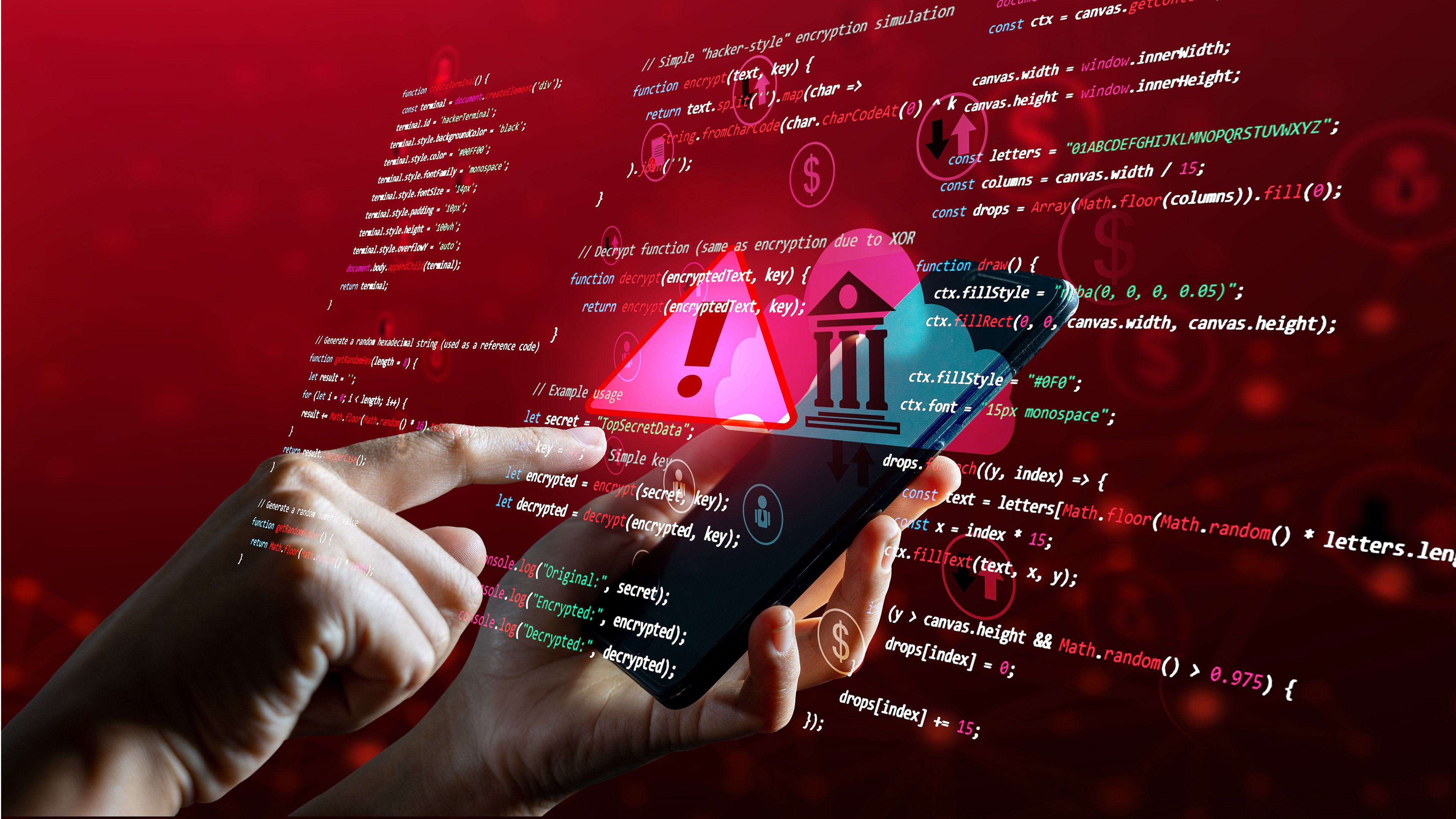 A hand about to touch a phone. Superimposed on top of it is a pink triangle with exclamation mark inside it. Behind it is a computer display with code on it