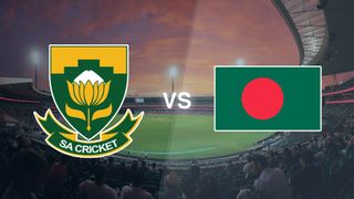 A cricket pitch with the South Africa and Bangladesh logos on top, for the South Africa vs Bangladesh live stream of the T20 World Cup