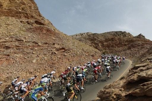 The Tour of Oman peloton in action during stage 4.
