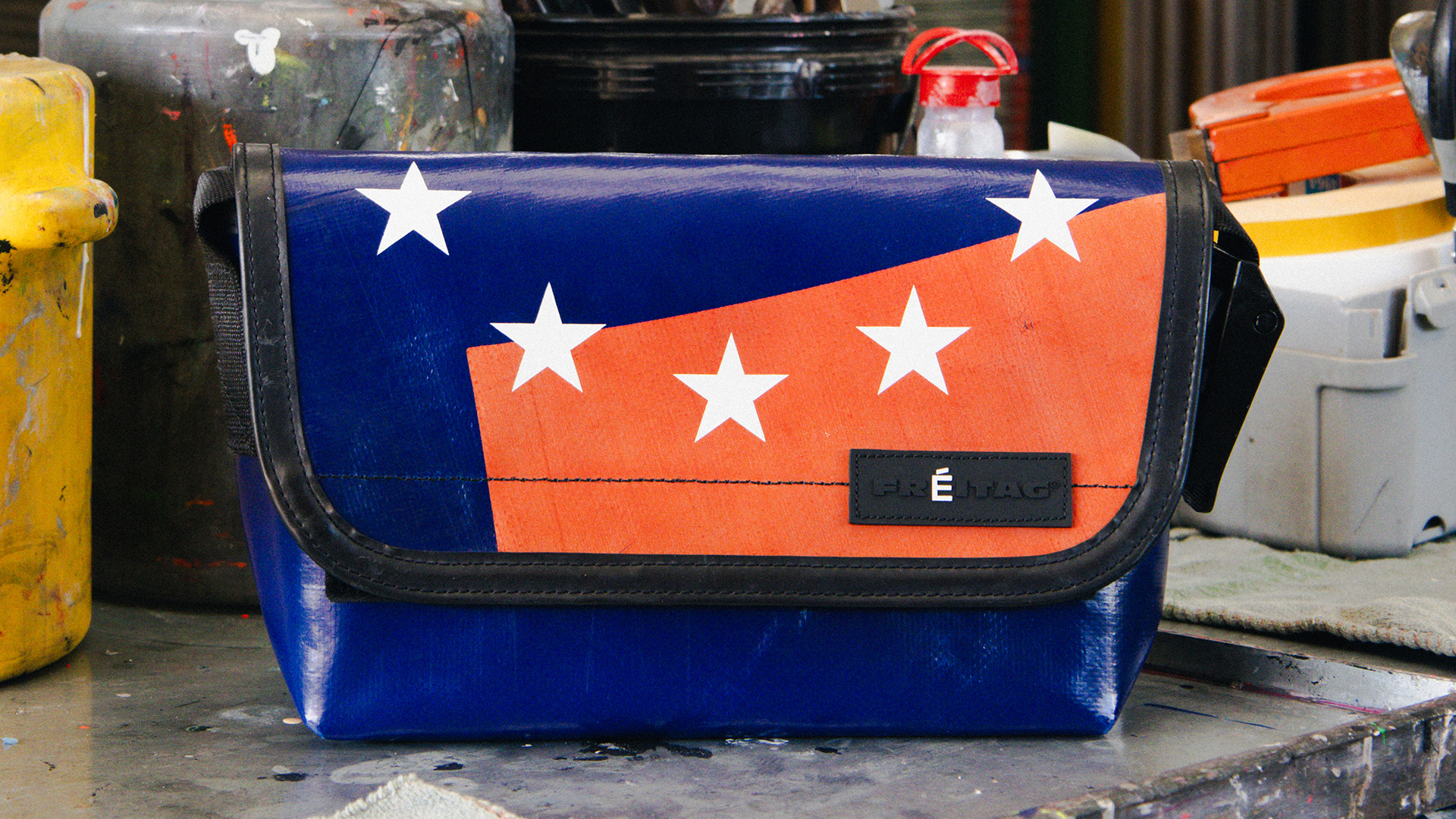 Freitag x Études Studio F41-E HAWAII FIVE-0 bag on work bench