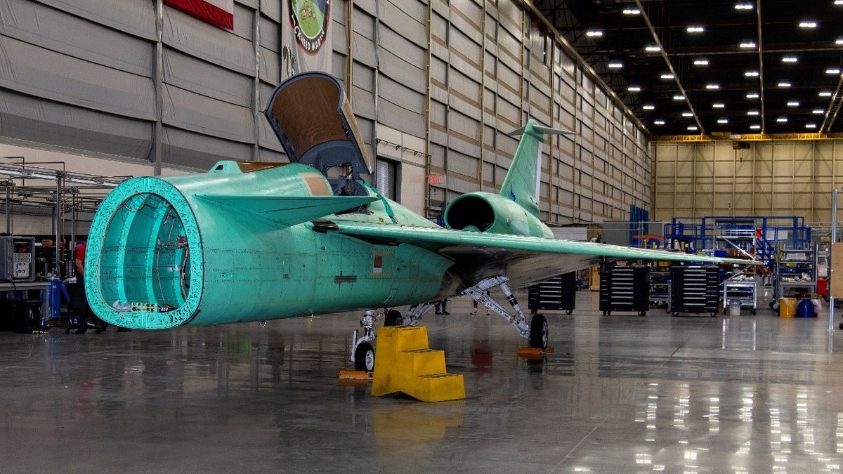 The X-59, unwrapped after transport back to Lockheed Martin’s Skunk Works facility in Palmdale, California, ahead of final integration.