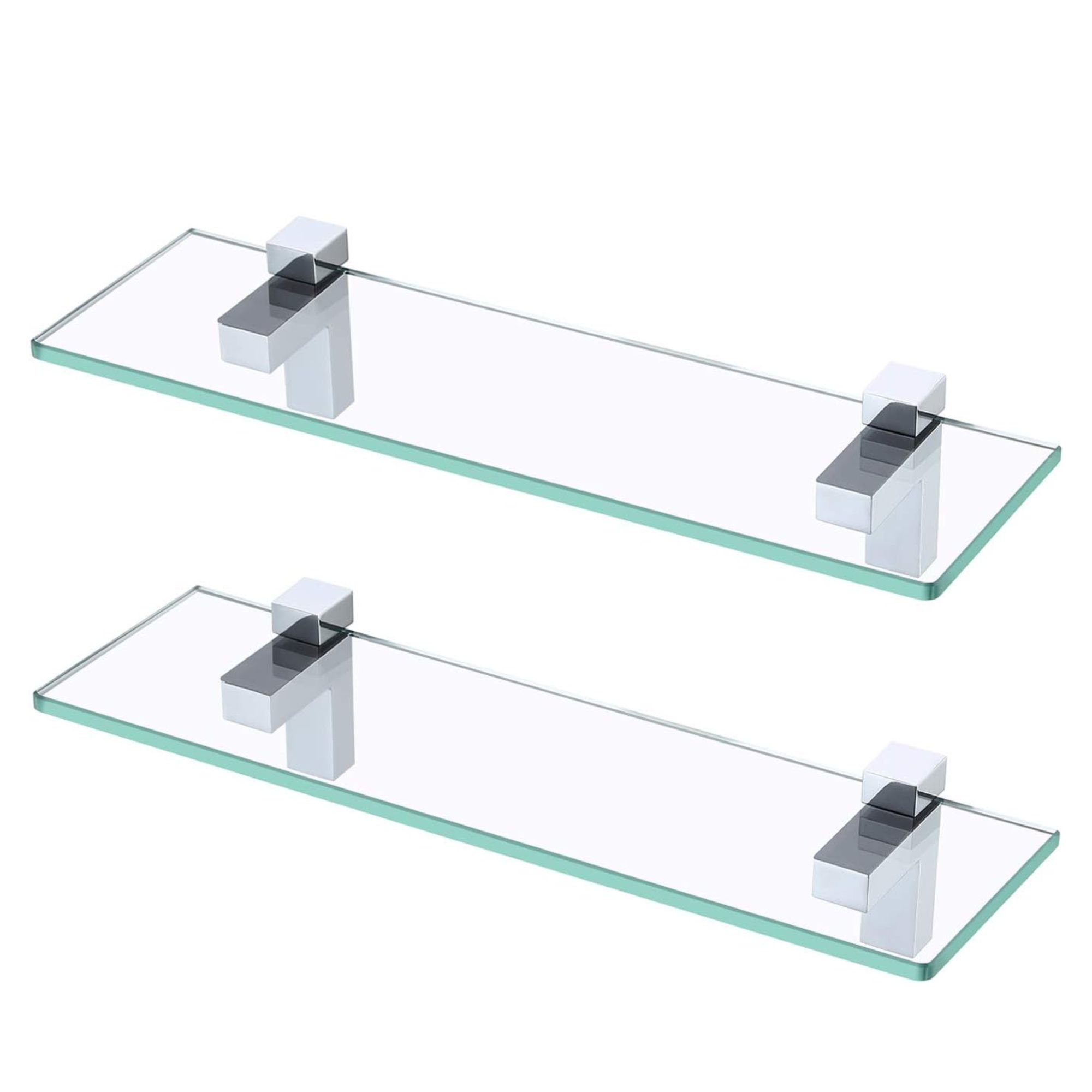 Two rectangular glass shelves with metal brackets
