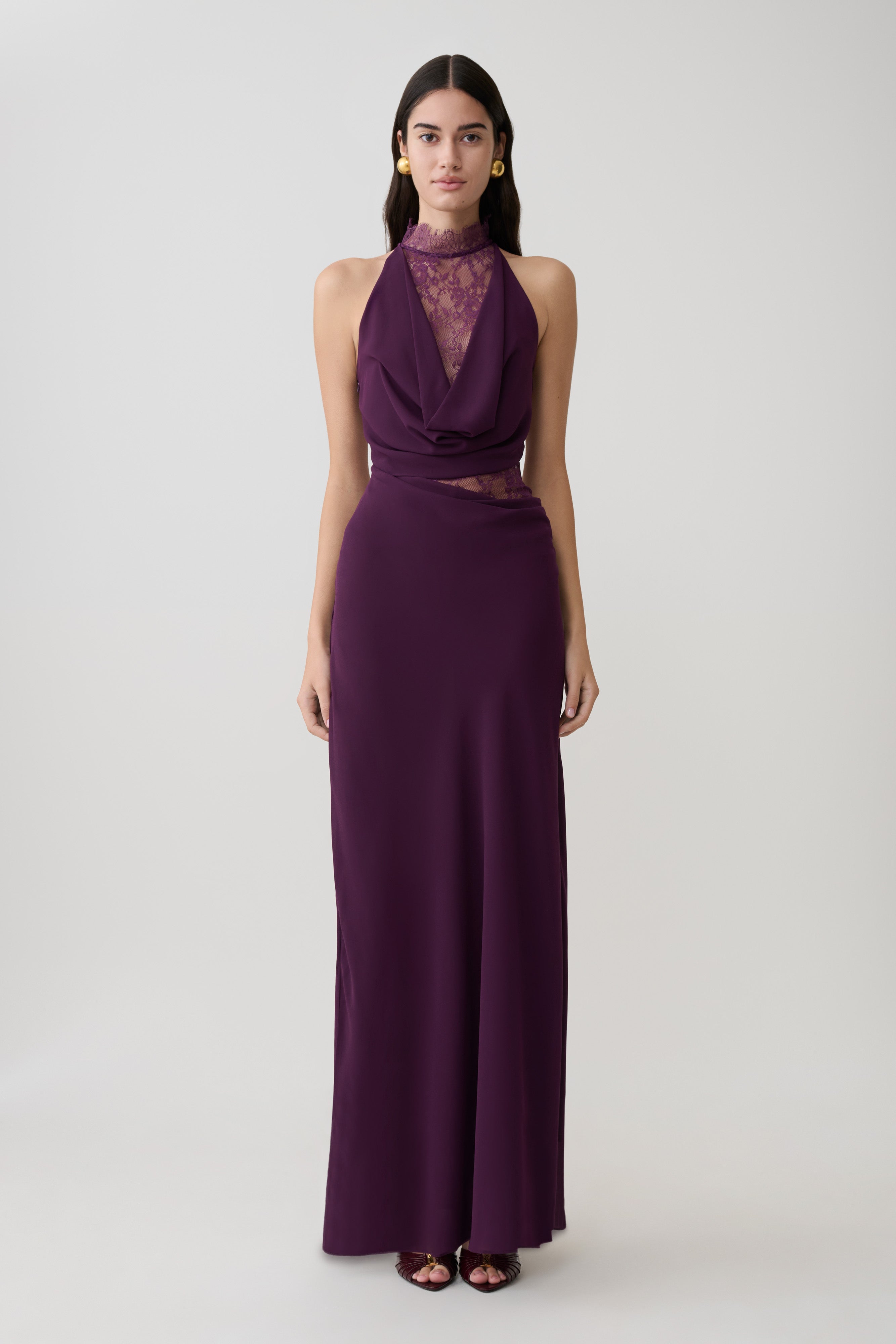 Arra Chiffon and Lace Halter Maxi Dress - Plum
