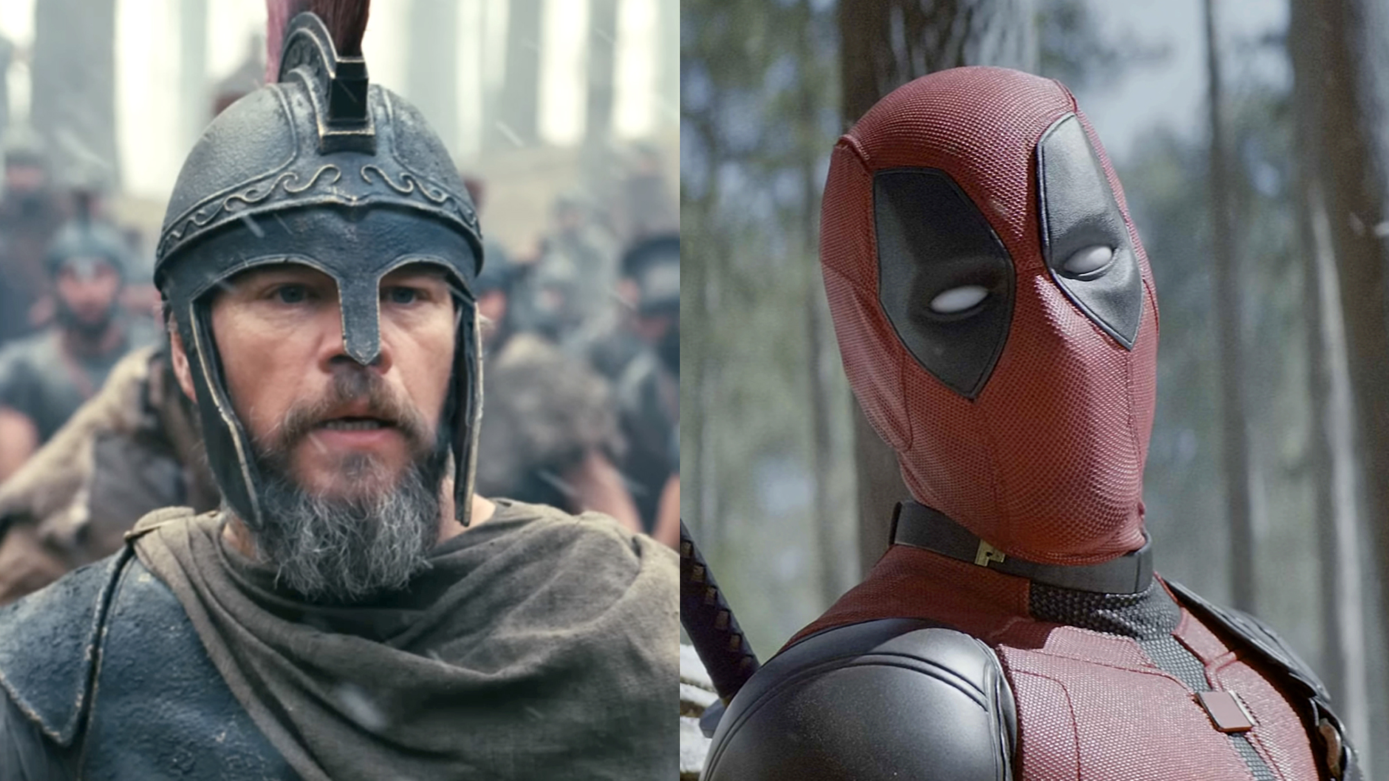 Matt Damon wearing Greek helmet and tunic over armor in The Odyssey, Deadpool in his iconic red suit in Deadpool &amp; Wolverine.