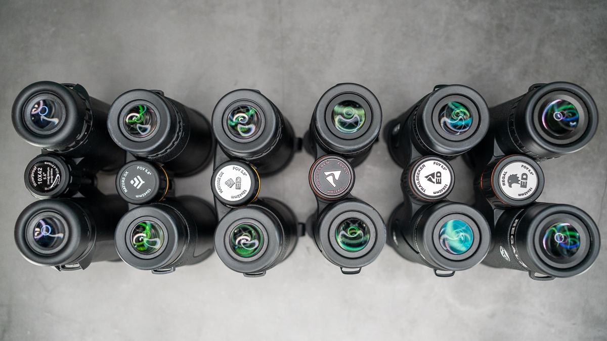 top view of six pairs of Celestron binoculars