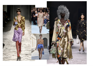 Wallpaper florals from SS25 at Versace, Prada, Bottega Veneta, and Bally.