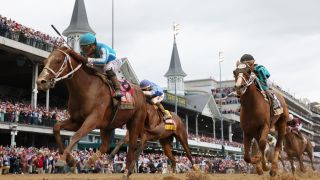 Mage #8, ridden by jockey Javier Castellano crosses the finish line to win the 149th running of the Kentucky Derby ahead of the 2024 150th edition of the event