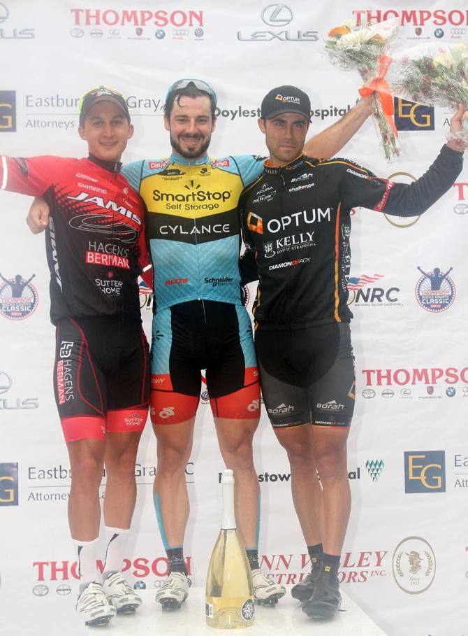 The 2014 Buck County Classic podium: Stephen Leece (Jamis Hagens Berman) took second place. Zachary Bell (Smartstop) in first, Jesse Anthony (Optum) in third palce.