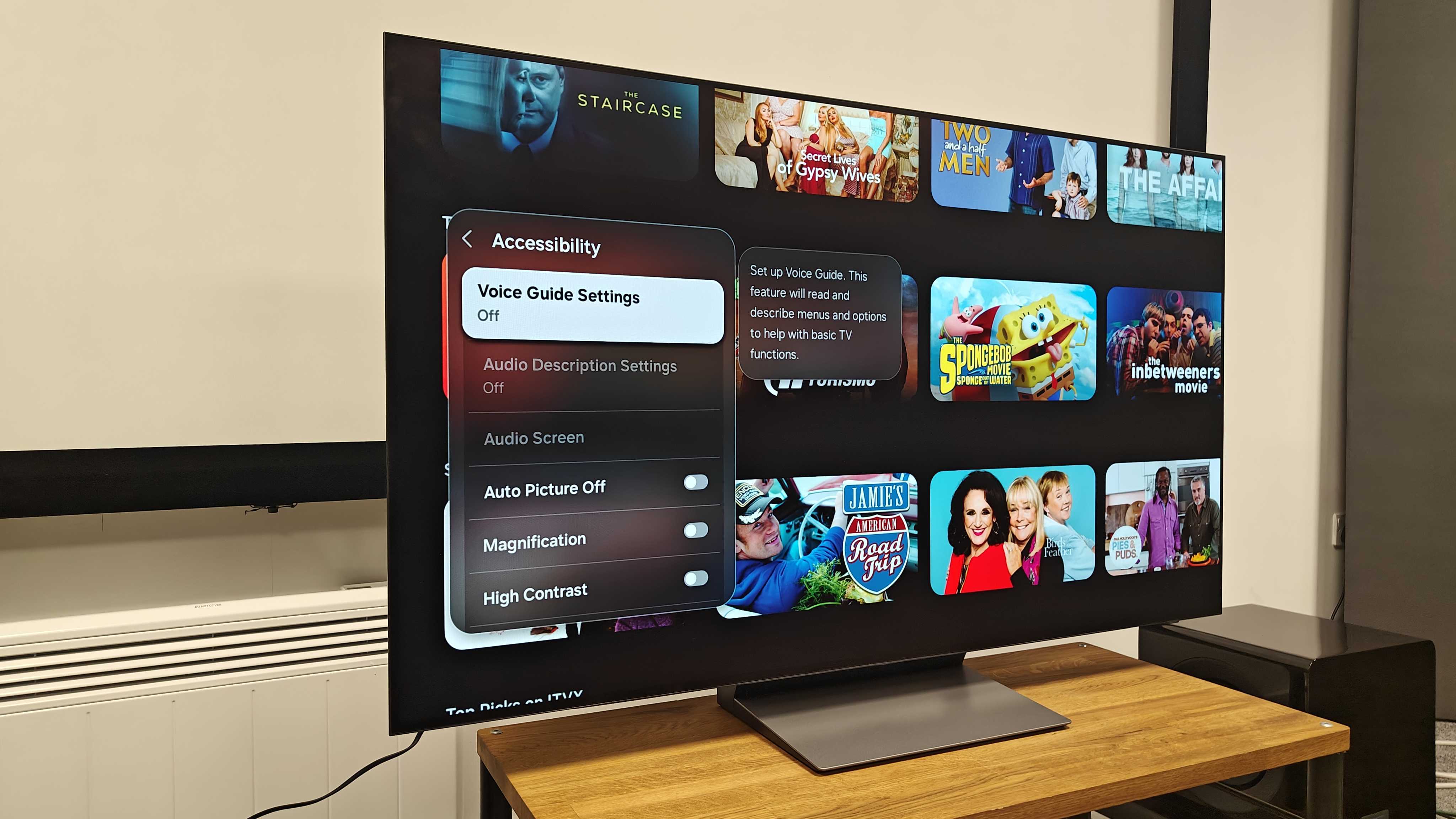 Samsung TV with the Accessibility menu open. It has options including Voice Guide Settings and High Contrast.