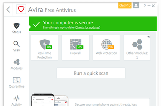 Kuvakaappaus Avira Free Antivirus -ohjelmasta