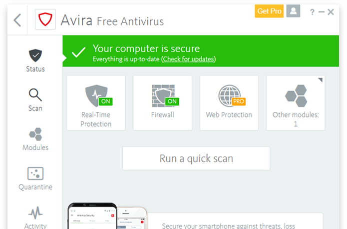 Avira Free Antivirus körs på en dator.