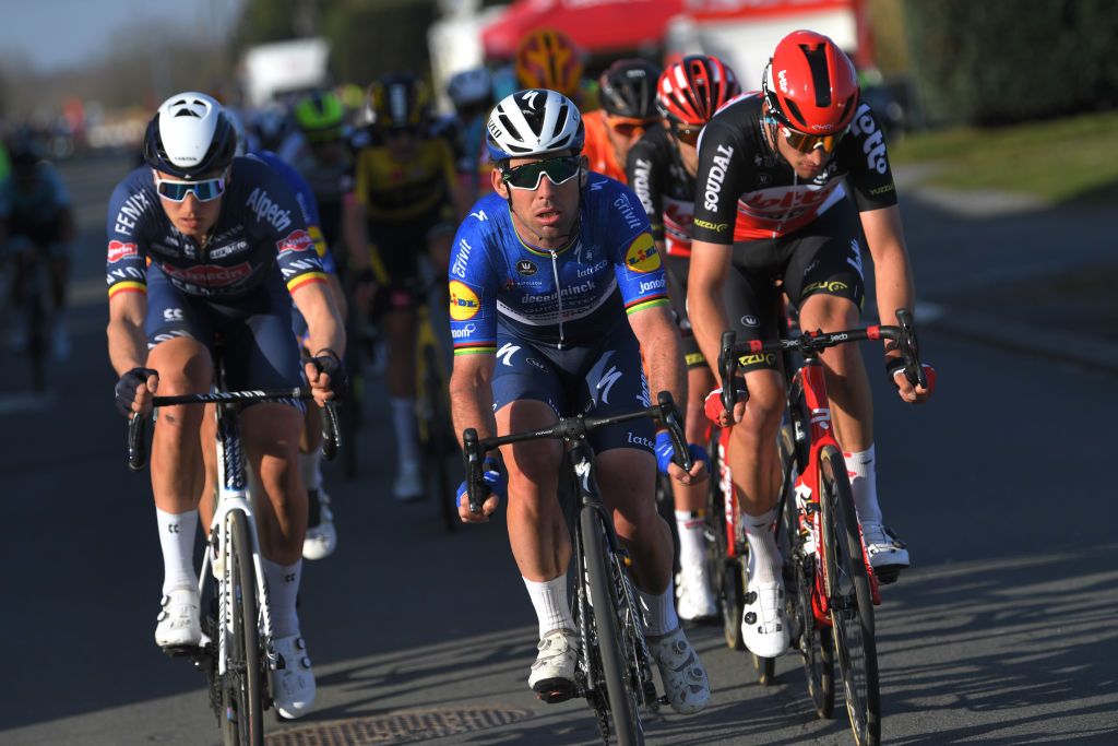 DOUR BELGIUM MARCH 02 Mark Cavendish of The United Kingdom and Team Deceuninck QuickStep Brent Van Moer of Belgium and Team Lotto Soudal during the 53rd Grand Prix Le Samyn 2021 Mens Elite a 2054km race from Quaregnon to Dour GPSamyn on March 02 2021 in Dour Belgium Photo by Luc ClaessenGetty Images