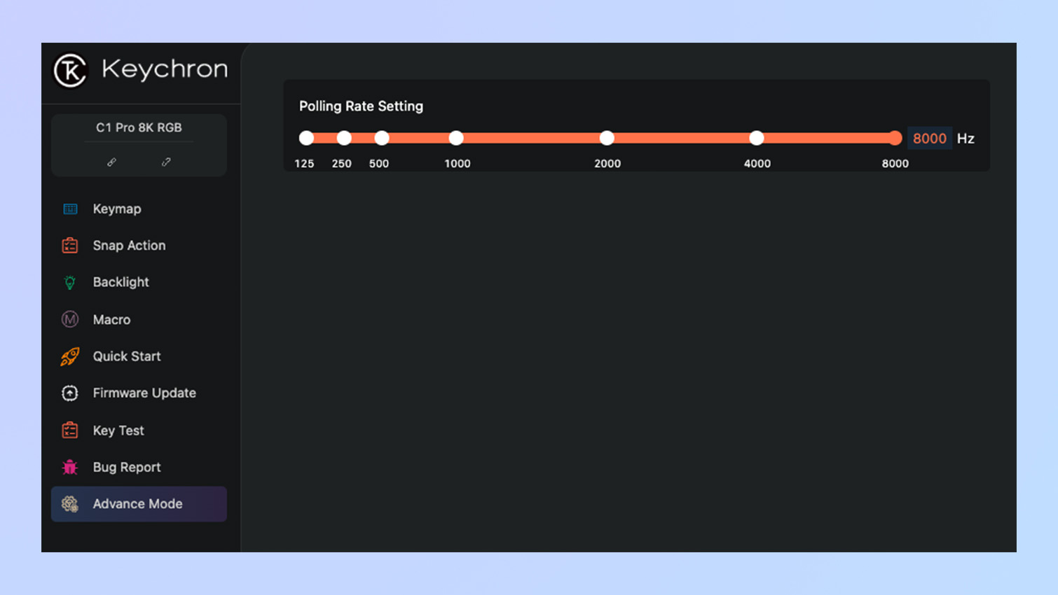 Screen from the Keychron Launcher website with customization options for the polling rate of the Keychron C1 Pro 8K.