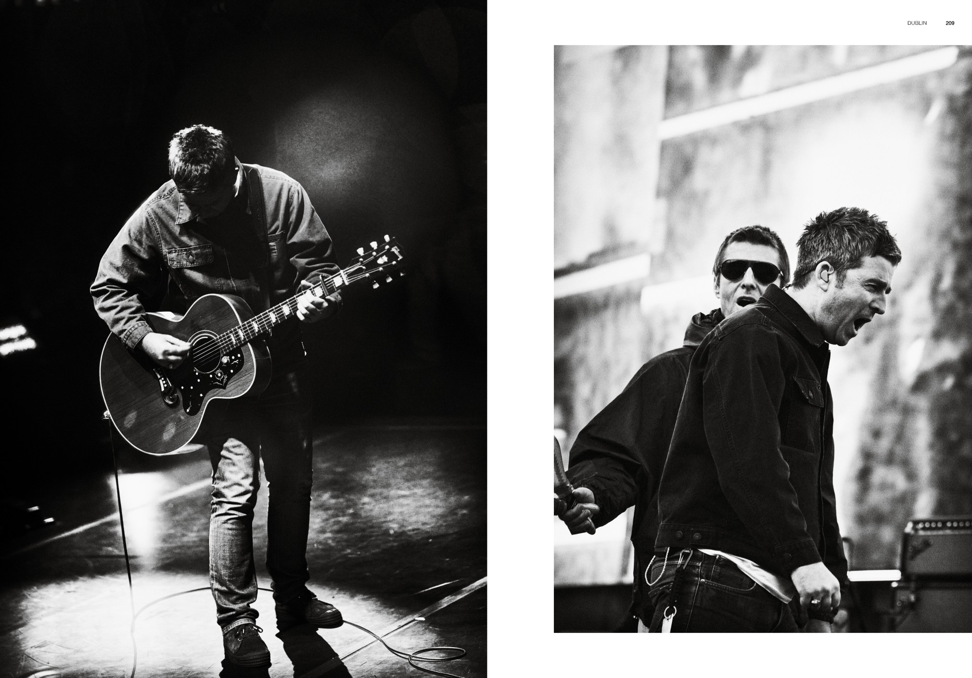 A black-and-white diptych shows Noel Gallagher playing an acoustic guitar on the left, and a candid shot of Liam and Noel shouting on stage on the right.