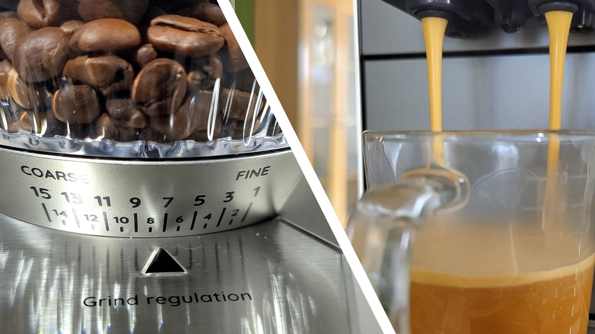 Split image showing close-ups of coffee grinder and espresso being poured