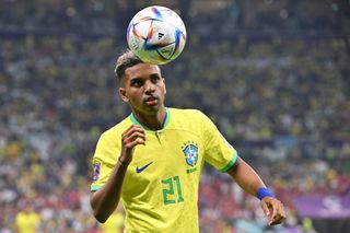 Rodrygo heads the ball during the Qatar 2022 World Cup Group G football match between Brazil and Serbia at the Lusail Stadium in Lusail, north of Doha on November 24, 2022.