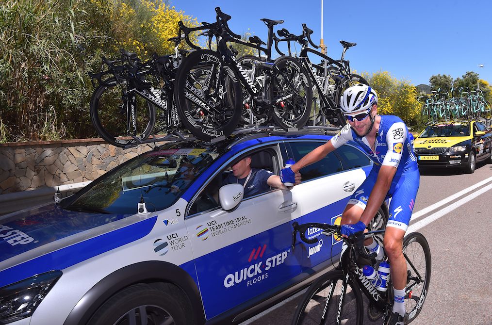 Pieter Serry visits the team car on stage 3 of the Giro d'Italia