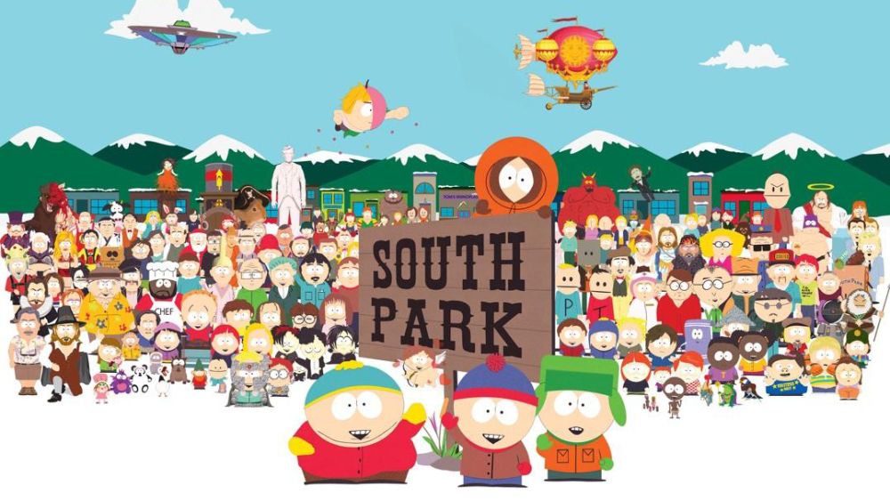 The townfolk crowd around a wooden sign that reads &quot;South Park&quot;