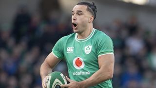 James Lowe #11 of Ireland runs with the ball ahead of the Ireland vs Wales Six Nations 2024 round 3 match. 