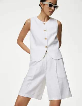 M&S Collection, Linen Blend High Waisted Bermuda Shorts