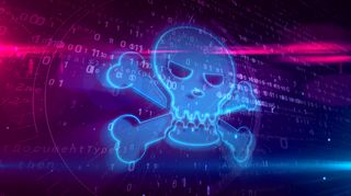 Skull and crossbones on a computerized background