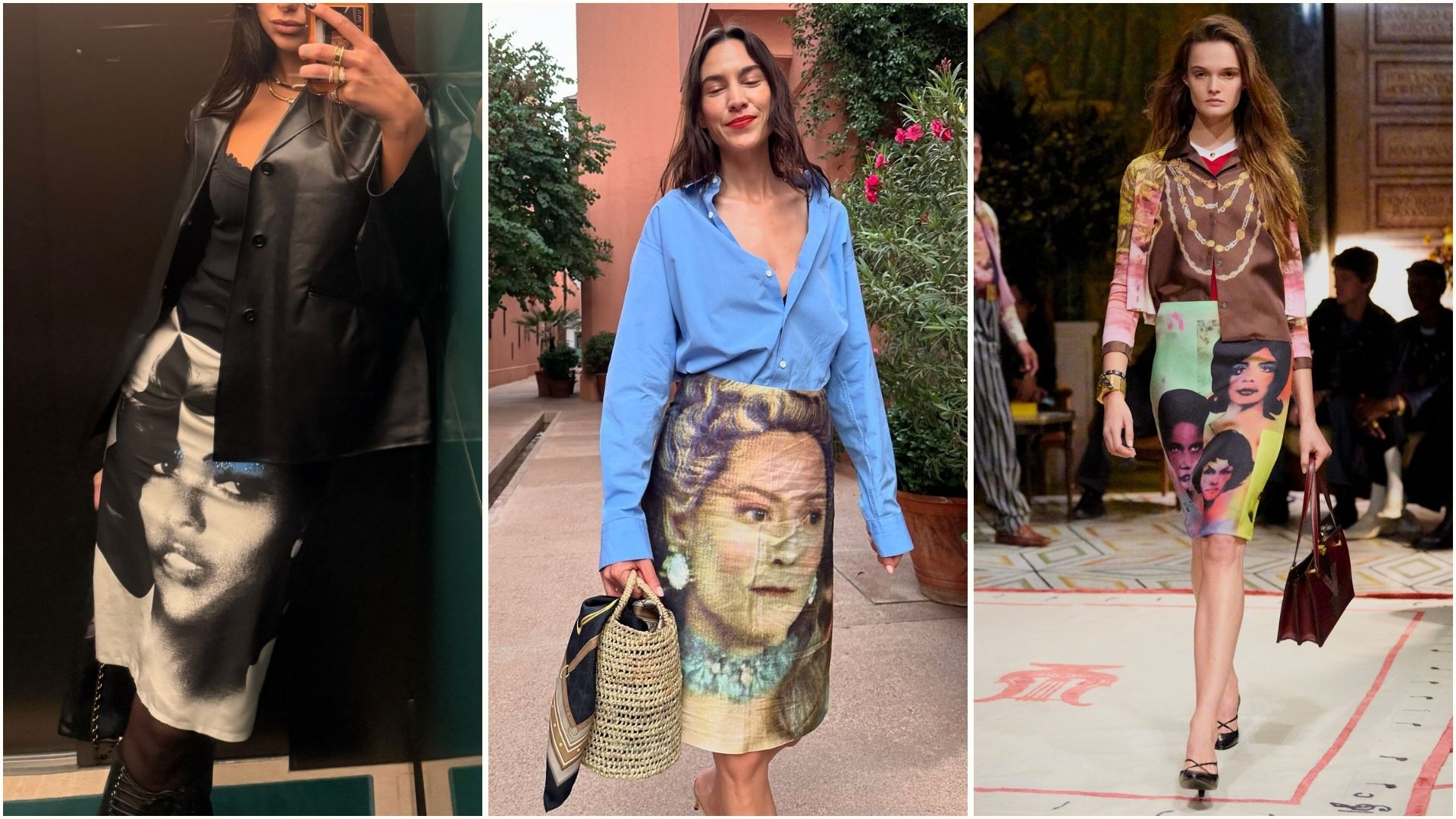 An image of the face skirt trend, including on Dua Lipa, Alexa Chung and on the Versace spring/summer 2026 runway.