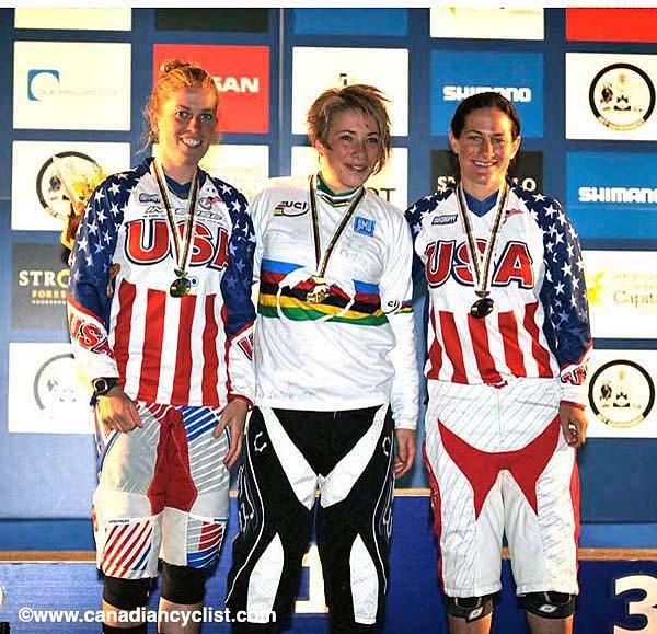 Elite women's four cross worlds podium: Jill Kintner (USA), Caroline Buchanan (Australia), Melissa Buhl (USA)