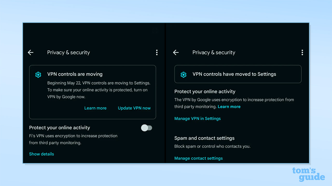 Screenshot of Google Fi VPN settings