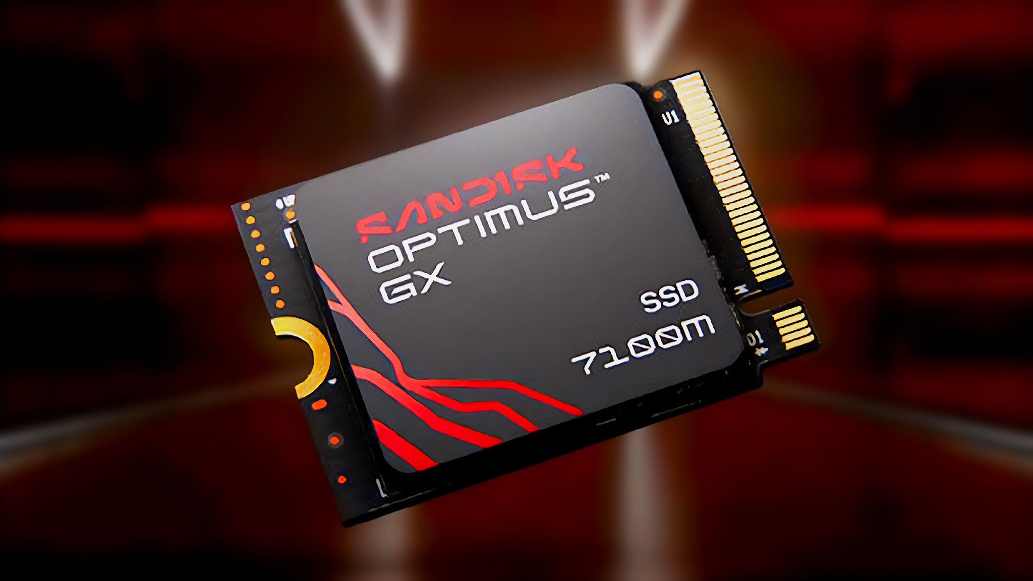 SanDisk Optimus GX 7100M M.2 2230 SSD floating on a red background.