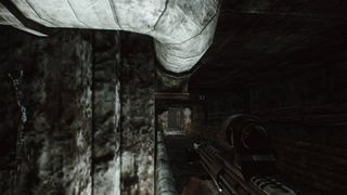 Escape From Tarkov in a dark room with pipes and a gun drawn