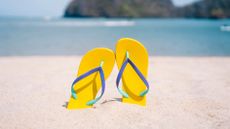 Yellow flip-flops on white sand beach by blue sea