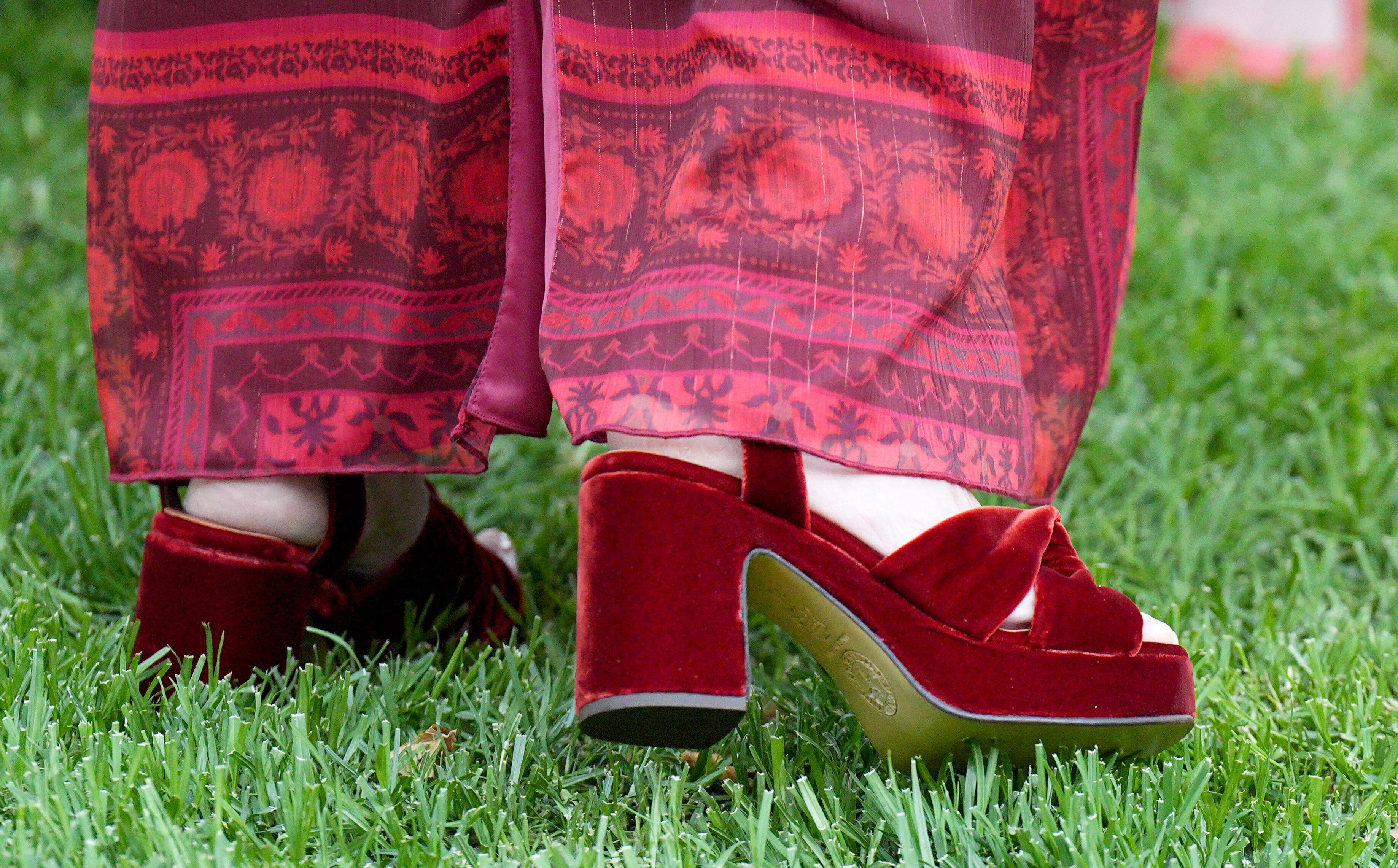 A closeup of Duchess Sophie's red platform sandals