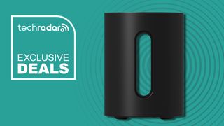 Sonos Sub Mini on cyan background with TR's Huge Deals badge