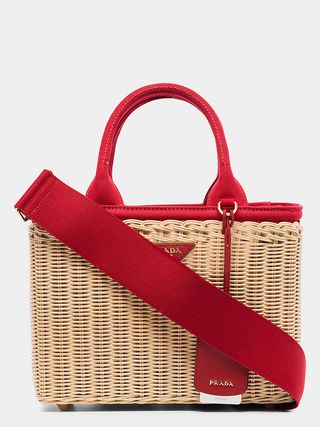 Basket bags with red strap accents by Prada