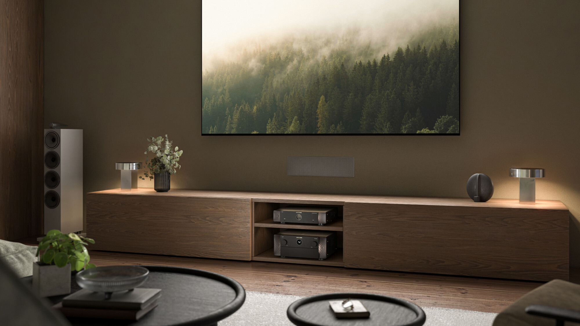 Marantz AV 30 and AMP 30 in a nicely decorated front room, in a wide sideboard/TV unit below a large TV