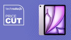 purple iPad Air M2 on purple background next to price cut logo