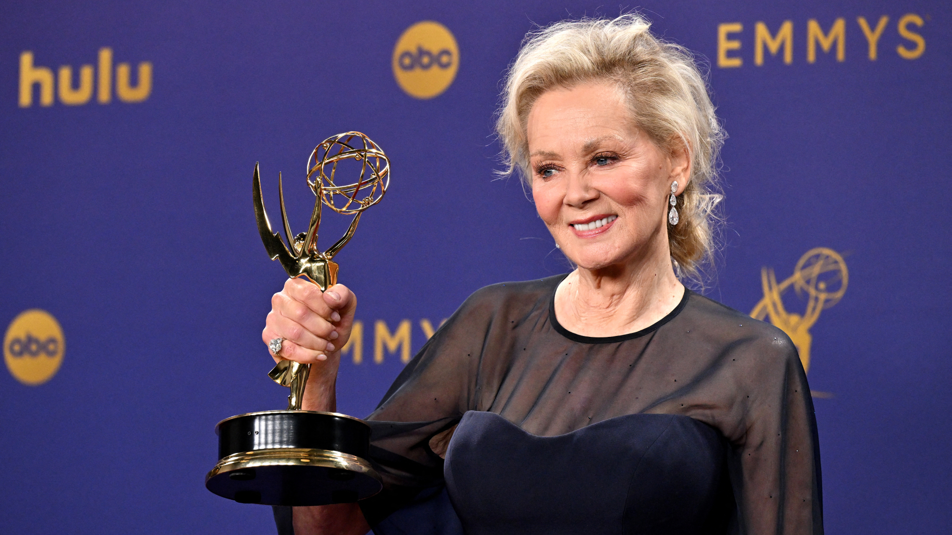 US actress Jean Smart poses in the press room with the award for the Outstanding Lead Actress in a Comedy Series for &quot;Hacks&quot; during the 76th Emmy Awards at the Peacock Theatre at L.A. Live in Los Angeles on September 15, 2024.