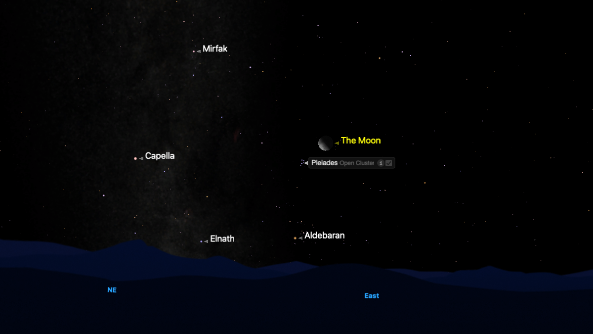 A simulation of the night sky showing the position of the moon close to the upper right of the Pleiades open star cluster above the eastern horizon on the night of Aug. 16