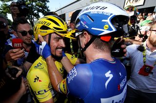 Overall leader Julian Alaphilippe and stage 4 winner Elia Vivani at the Tour de France