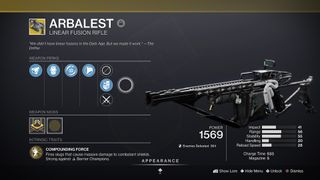 Destiny 2 Exotic weapon Arbalest linear fusion riflet